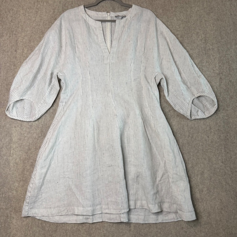 Madewell 100% Linen Splitneck Mini Dress Womens 14 Off White Balloon Sleeve NWT